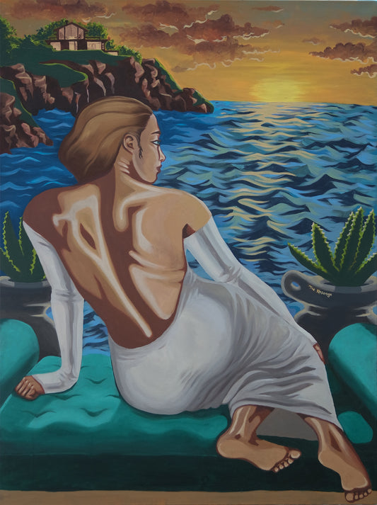 An oil painting depicting a woman sitting on a bench overlooking a body of water at sunset. There is an outcropping of land with a building in the upper left. 