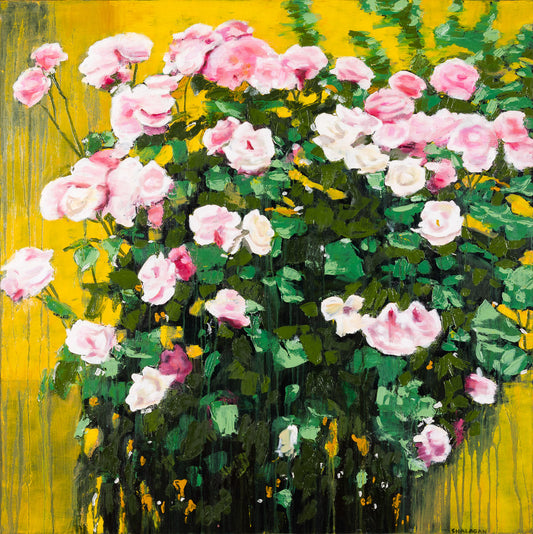 Pink Roses on Yellow