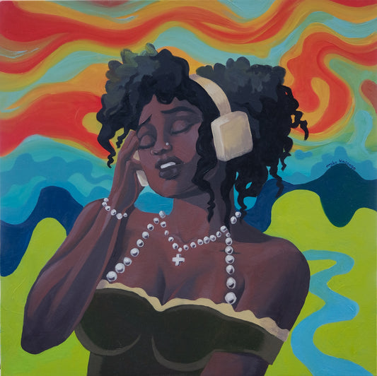 An oil painting depicting a woman with dark skin and black curly hair, wearing headphones. She is holding one hand up to her face with eyes closed and mouth open, as she listens to the music. 