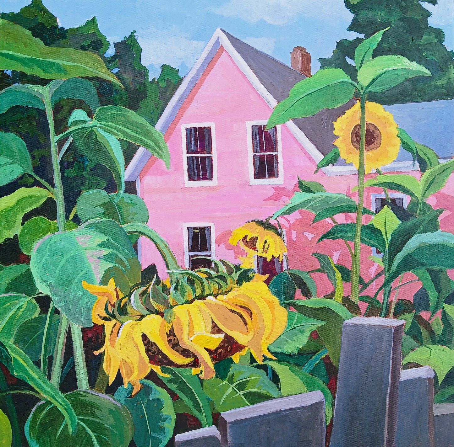 Pink House with Sunflowers