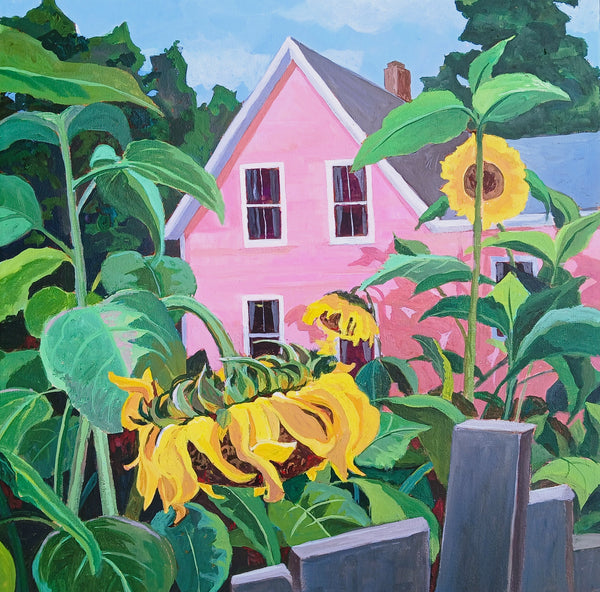 Pink House with Sunflowers