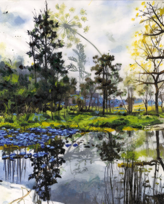 Pond with Blue Flowers